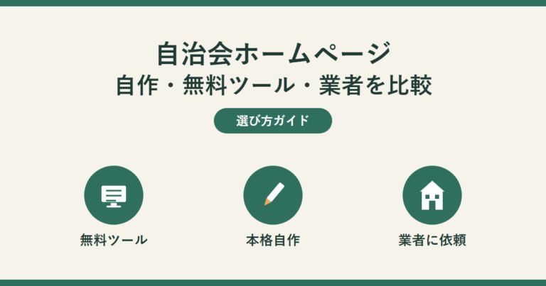 自治会ホームページ 自作・無料ツール・業者を比較。選び方ガイド。無料ツール・本格自作・業者に依頼の3つを表す同じ大きさの丸アイコンが横一列に並んでいる。