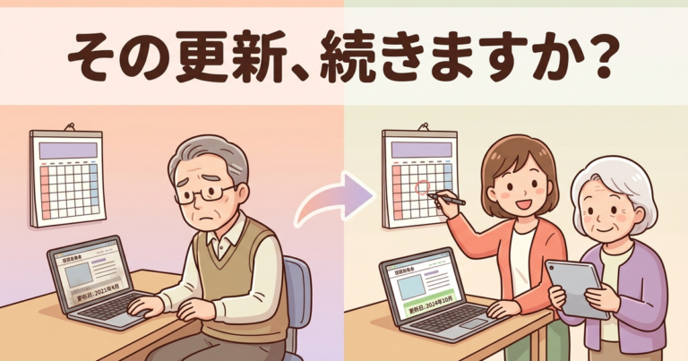 自治会ホームページの更新が止まる理由と、続けるための工夫（更新が止まりがちな役員と、更新日を決めて笑顔で取り組む住民を対比したイラスト。見出し文字「その更新、続きますか？」入り）