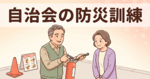 自治会の防災訓練、何をする？企画から当日までの5ステップ（消火器の使い方を教わる住民のイラスト。見出し文字「自治会の防災訓練」入り）