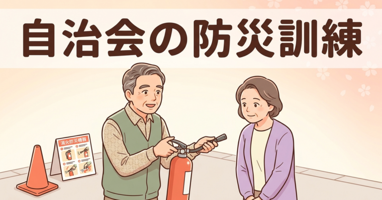 自治会の防災訓練、何をする？企画から当日までの5ステップ（消火器の使い方を教わる住民のイラスト。見出し文字「自治会の防災訓練」入り）