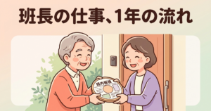 自治会の班長の仕事内容。初めてでも分かる1年間の流れ（回覧板を手渡す住民のイラスト。見出し文字「班長の仕事、1年の流れ」入り）