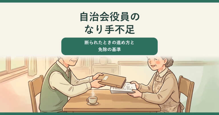 自治会役員のなり手不足、断られたときの進め方と免除の基準。あたたかいパステル調のイラストで、机をはさんだ2人の自治会役員が、引き継ぎのファイルと名簿を手渡し合い、少しほっとした表情で向き合っていて、上部の帯に記事タイトルの見出しが重ねてある。