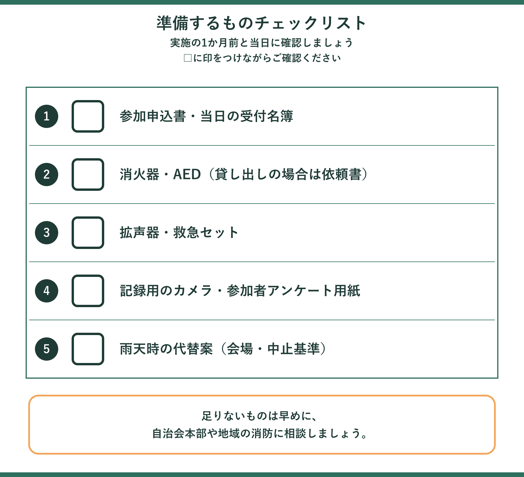 防災訓練の準備するものチェックリスト。受付名簿、消火器・AED、拡声器・救急セット、カメラ・アンケート用紙、雨天時の代替案の5項目
